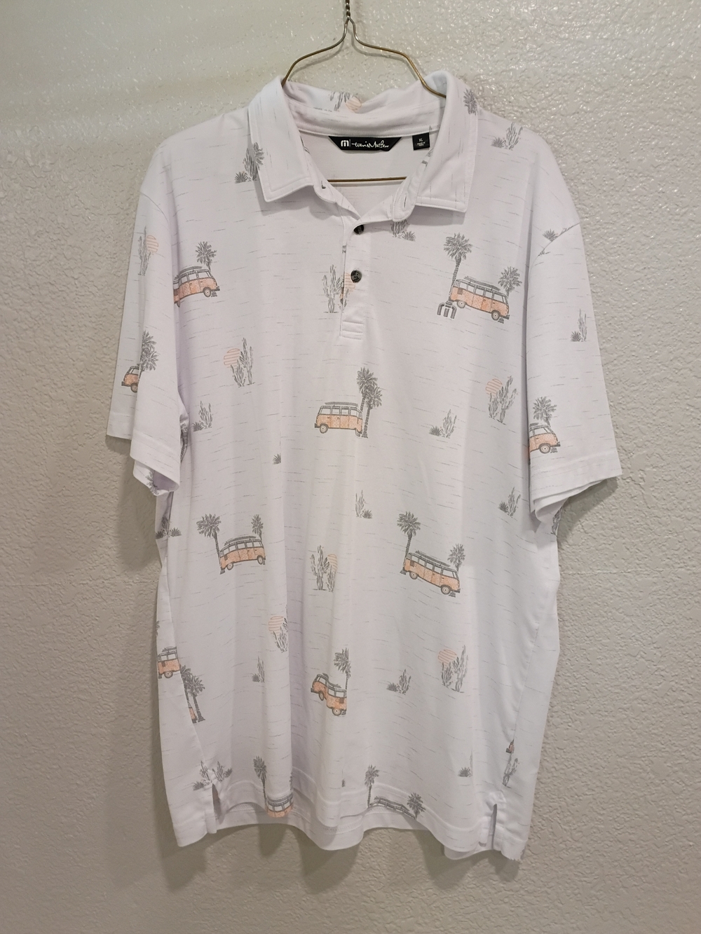 Travis Matthew White Short-Sleeve Polo with Peach Print